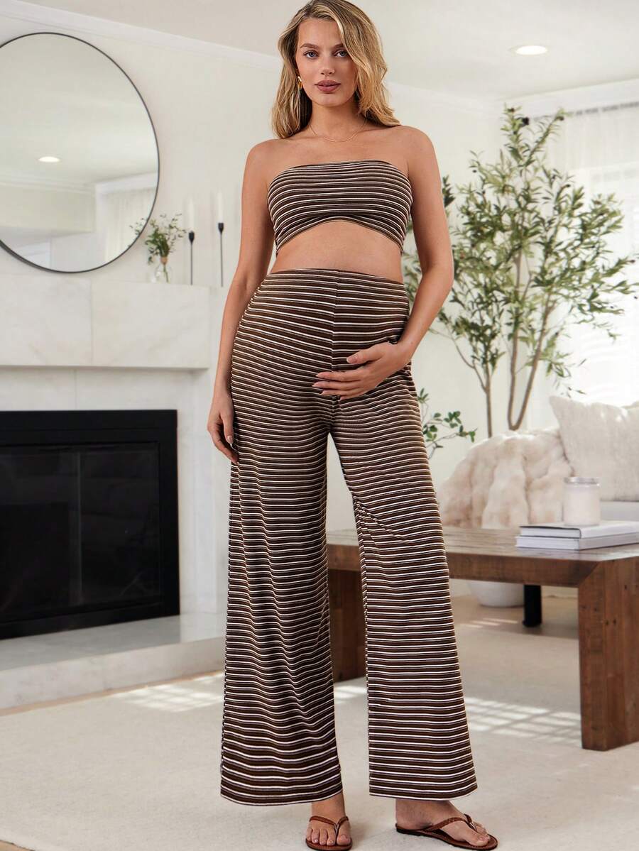 SHEIN 2件套孕妇休闲条纹抹胸上衣和阔腿裤套装，夏季 - 彩色 - 查看 1