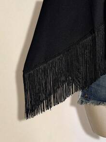 SHEIN ICON Áo kiểu nữ gợi cảm màu đen thời trang cổ bất đối xứng viền tua rua, thích hợp cho kỳ nghỉ. - màu đen - Xem 5