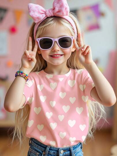 SHEIN Heartfelt Pink, Cute And Sweet Young Girl Macaron Pink Handpainted Heart Pattern Print, Casual Minimalist Short Sleeve Round Neck T-Shirt Suitable For Spring/Summer Daily, Festivals, Spring & Summer Outfits For Easy Comfort, Stylish Girls, Casual Wear, Kids Sweet Heart Graphic Tee, New Style, Homecoming, Valentine's Vibes, Chill Vibe Outfits, Back To School