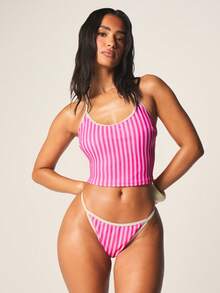 MISSGUIDED Striped Tankini Set With Halter Top And Cheeky Bottom Two Piece Swimwear For Beach Vacation Summer Pool Party - Pink - View 4
