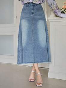 DAZY 女士休闲水洗A字牛仔迷你裙，春夏款 - 藍色 - 查看 4