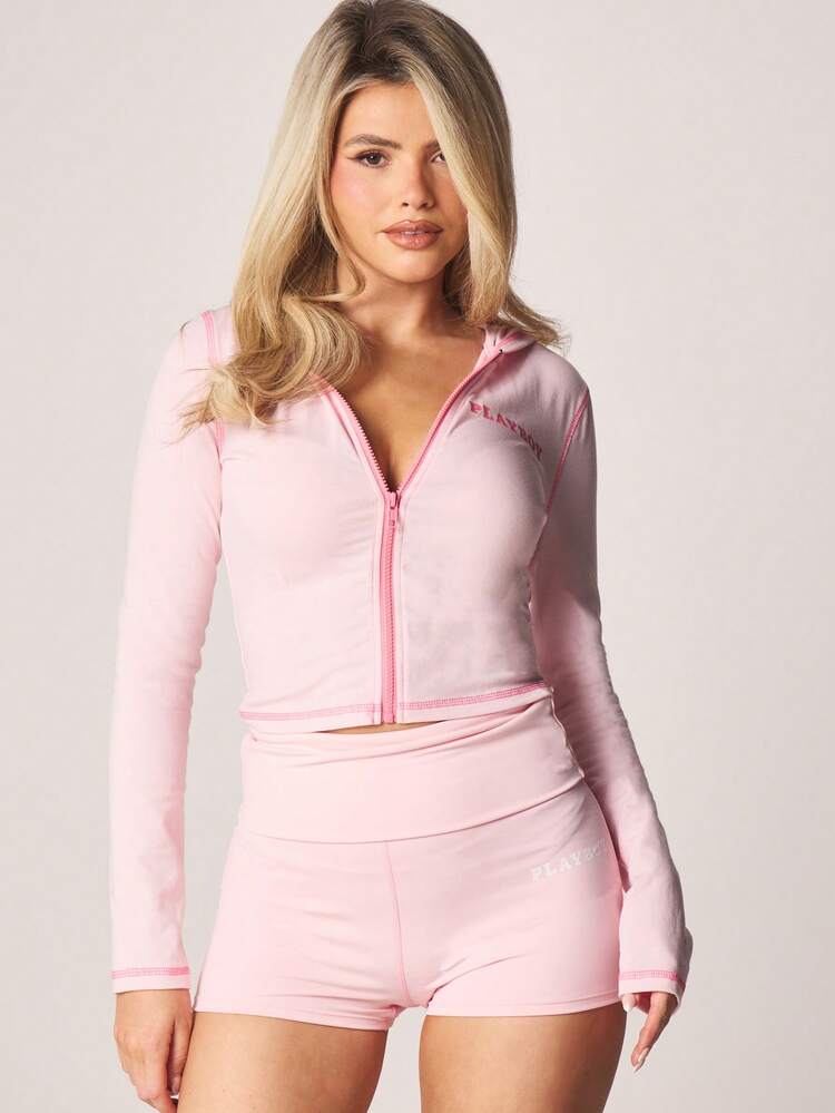 Missguided x Playboy Bluza z kapturem i długim rękawem, zapinana na zamek, z nadrukiem logo z przodu, w kolorze różowym, z polaru, na jesień i zimę dla kobiet