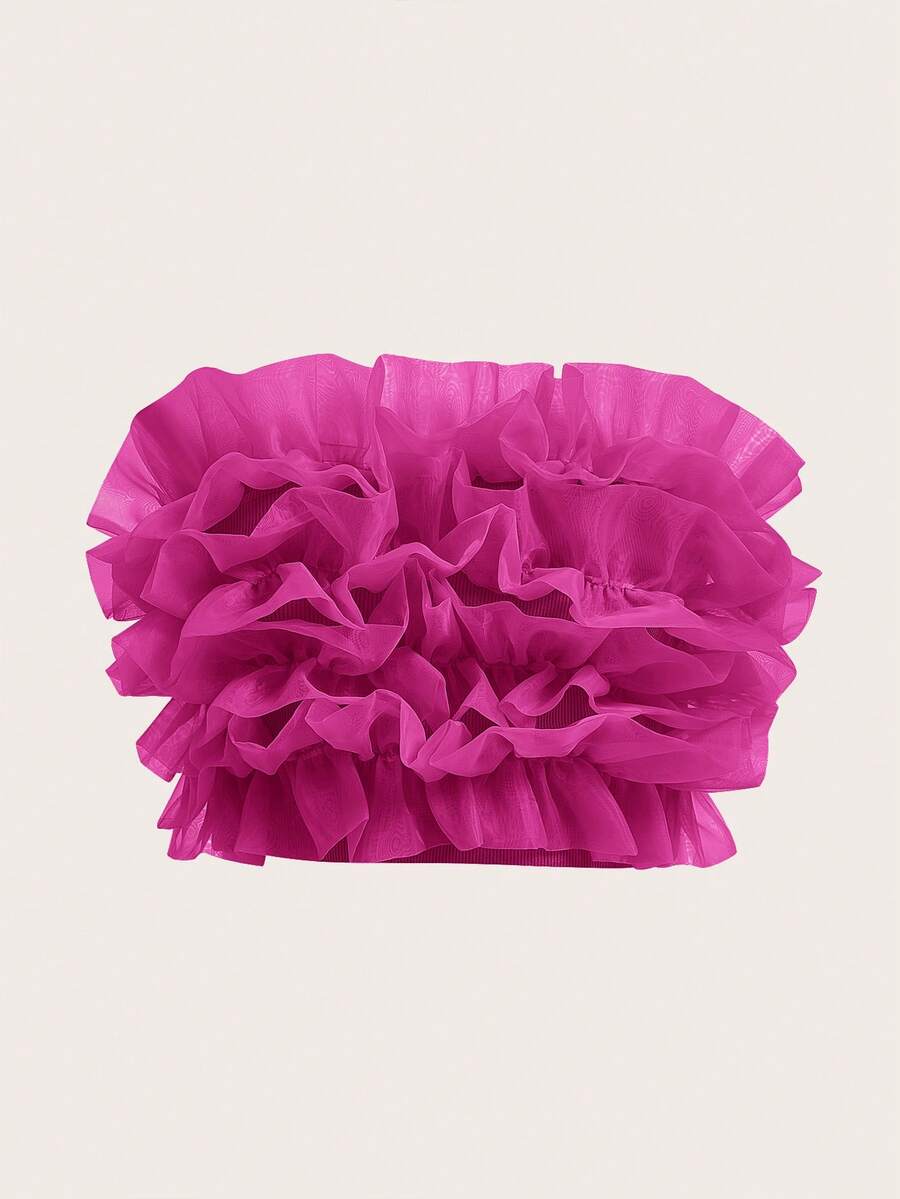 Aveloria Rosie Ruffle Trim Mesh Overlay Top Holiday Party Clothes Cute Funny Shirts  - Hot Pink - View 1