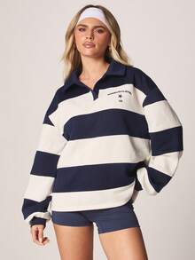 MISSGUIDED 宽松横条纹橄榄球polo衫，翻领长袖，适合周末休闲穿着 - 彩色 - 查看 5