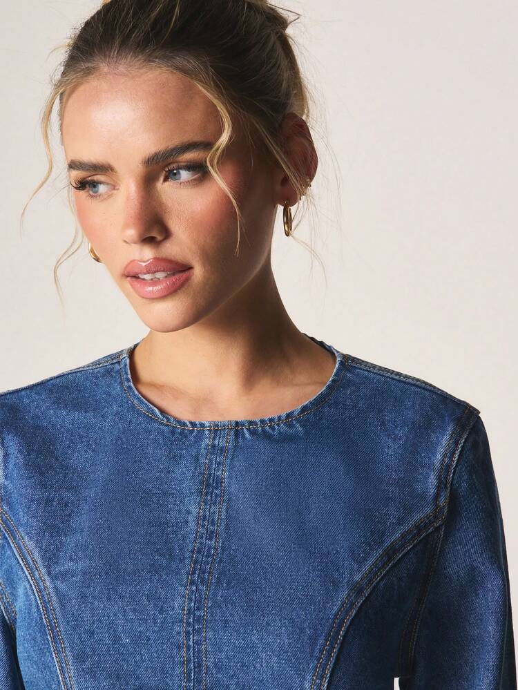 MISSGUIDED Denim Two Piece Coord Set Long Sleeve Crop Top With Open Back Bow Detail Mini Skirt Vintage Wash Autumn Streetwear