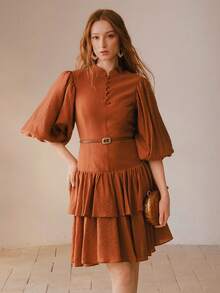 MOTF PREMIUM WOMEN'S MANDARIN COLLAR 3/4 PUFF SLEEVE STRIPED BUTTON FRONT WAIST CINCHED SHORT DRESS - Burnt Orange - View 4