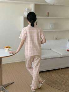 2件套女童休闲格子开衫短袖上衣和裤子睡衣套装 - 淺粉色 - 查看 2