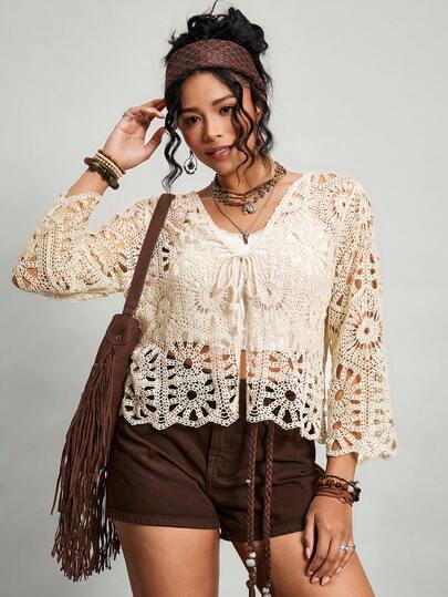 Freevana Plus Size Solid Color V-Neck Tie Front Hollow Out Cardigan, Fashionable Resort Wear