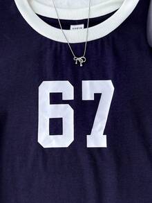 少女海军蓝针织修身圆领撞色领67图案短袖运动休闲露脐上衣T恤 - 寶藍色 - 查看 6