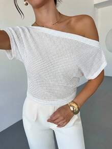 Firerie Áo thun nữ tay cánh dơi bất đối xứng, họa tiết kẻ sọc, thích hợp cho mùa xuân, hè, thu, đi làm, thanh lịch, thường ngày, công sở. - trắng - Xem 8