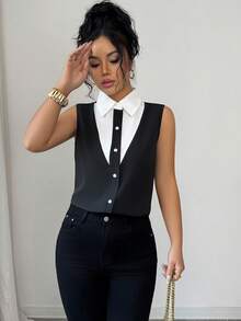 Selianne Women's Elegant Commuter Casual Black & White Collared V-Neck Single-Breasted Button Sleeveless Fitted Blouse, Spring/Summer - Black and White - View 6