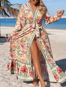Swim Vcay Damen Blumen-Muster Langarm Loose Comfortable Sexy Elegant Urlaubs Minimalist Wickel Cover Up - Verschiedenfarbig - Übersicht 8