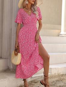 EMERY ROSE Ditsy Floral Print Butterfly Sleeve Split Thigh Dress Maxi Vacation Beach Outfits Women - Hot Pink - View 4