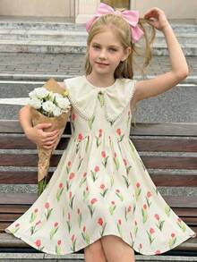 Emery Rose Kids Tween Girl Allover Floral Print Statement Collar Dress - Apricot - View 1