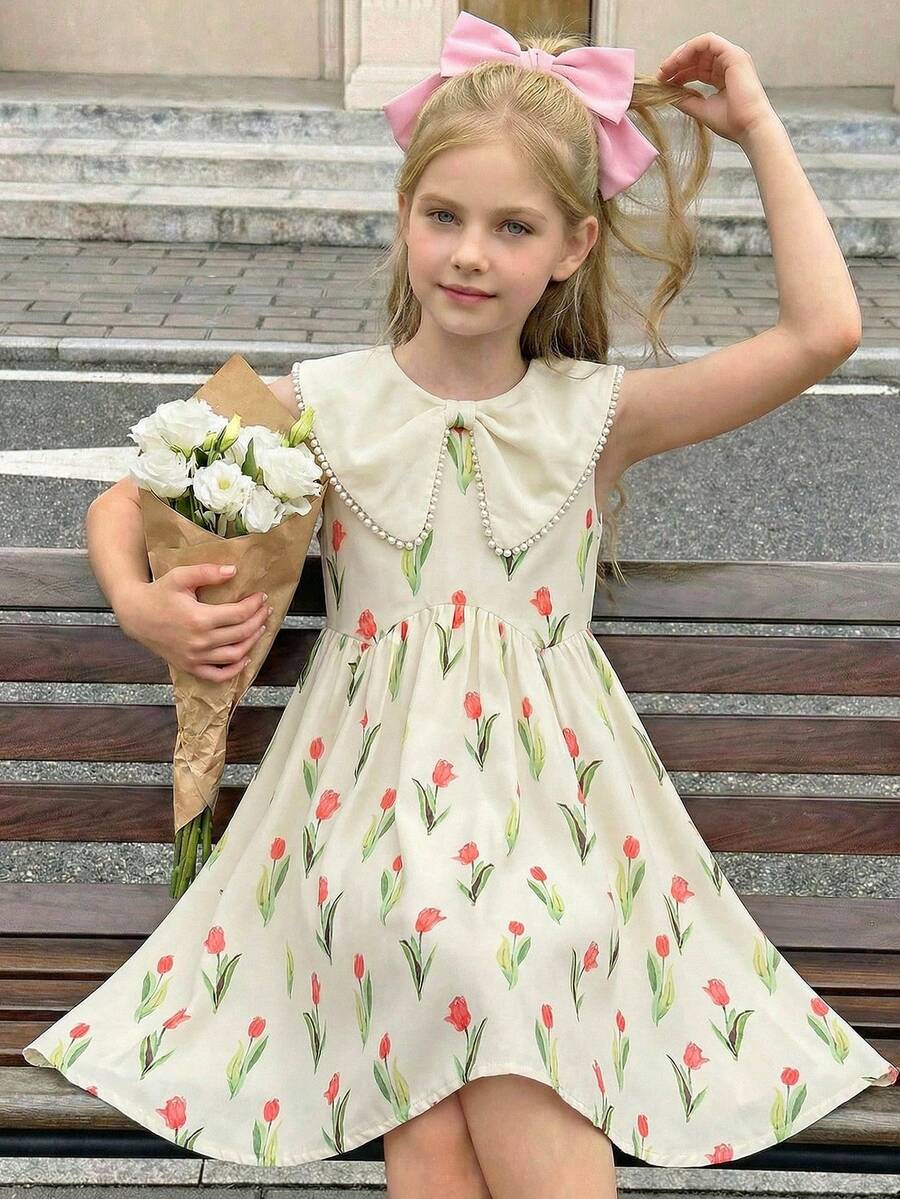 Emery Rose Kids Tween Girl Allover Floral Print Statement Collar Dress - Apricot - View 1