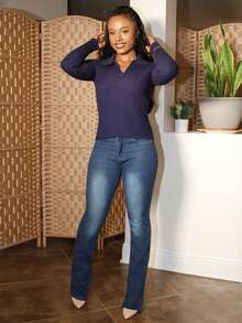 Steph T Áo len cổ bẻ đơn sắc, dáng ôm, thu/đông, áo len nữ tay dài, dáng ôm, màu xanh navy, chất liệu viscose, tay thường, mùa xuân/thu - Màu xanh hải quân - Xem 1