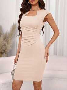 Editum 女士纯色简约无袖荷叶边修身连衣裙，日常穿着 - 杏色 - 查看 6