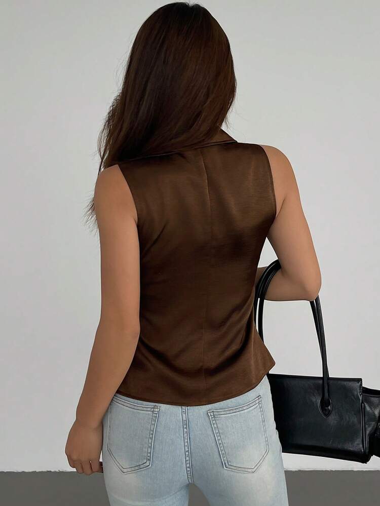 Elegant Satin Collared Cinched Waist Blouse For Women, Summer Y2k