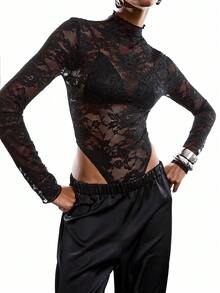 LYSMO 女士蕾丝领长袖连体裤和抽绳腰阔腿裤两件套，休闲日常穿着 - 黑色 - 查看 7