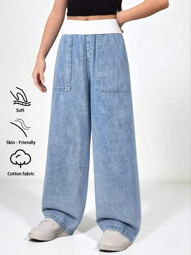 Tween Girls Denim Jeans, Suitable For Spring, Summer, Autumn And Winter. Medium Wash Blue, Y2K Streetwear Style, Casual And Versatile. All-Match Simple White Ribbed Elastic Waistband, Patch Pockets, Relaxed Wide Leg, Soft And Comfortable Cotton Denim Fabric, Ideal For Daily Wear, Gatherings, School, Commuting. New Spring/Autumn Collection. - Medium Wash - View 4