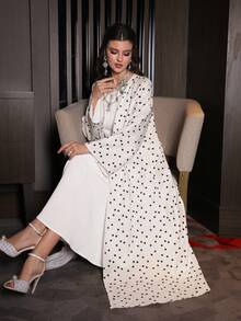 Al Najma Polka Dot Print Flare Sleeve Satin Coat - Apricot - View 1
