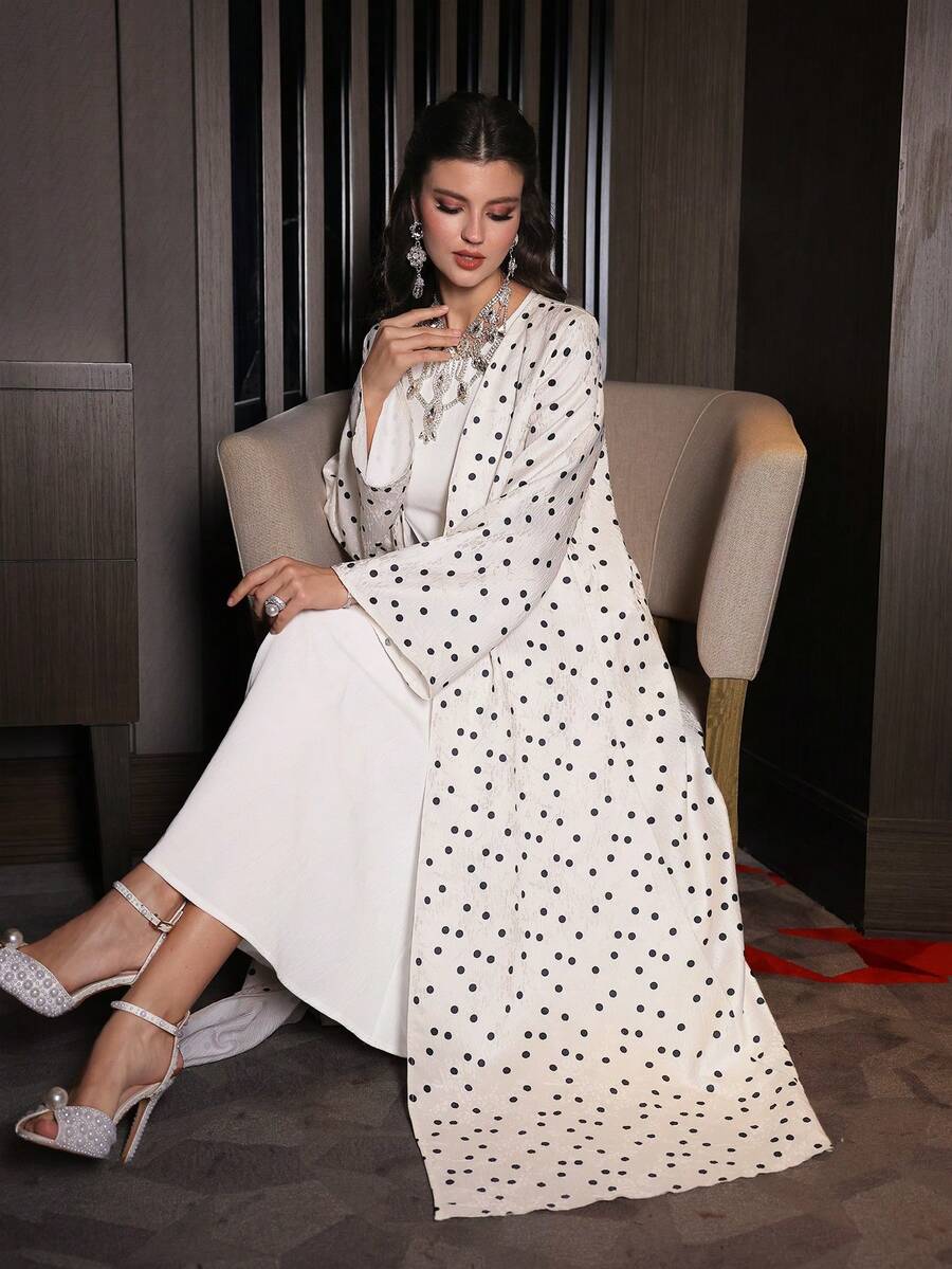 Al Najma Polka Dot Print Flare Sleeve Satin Coat - Apricot - View 1