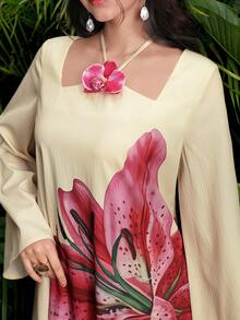 Yasmyna Women's Yellow Woven Placement Print Long Sleeve Halter Neck Floral Elegant Romantic Turkish & Arabic Traditional Maxi Dress, Spring/Summer - Yellow - View 6