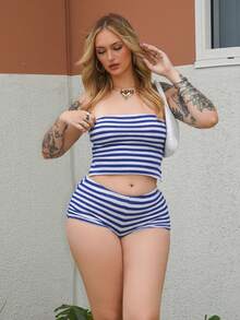 Arliah 2 件套女士夏季休闲度假条纹露背抹胸短款上衣和低腰短裤 - 藍白色 - 查看 1
