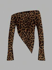 SHEIN ICON Casual Sexy Leopard Print Asymmetric Hem Vintage Flare Sleeve Women T-Shirt, Minimalist Fashion Suitable For Early Spring, Versatile Style For Party And Street Wear - Multicolor - View 4