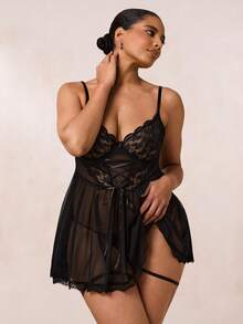 SHEIN BAE Bộ đồ lót lưới ren gợi cảm cỡ lớn cho nữ 4 món có gọng, 2 tất cao đến đùi và quần lọt khe - màu đen - Xem 5