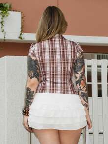 Arliah Blue Plaid Cap Sleeve Fitted Shirt For Women - Brown - View 2