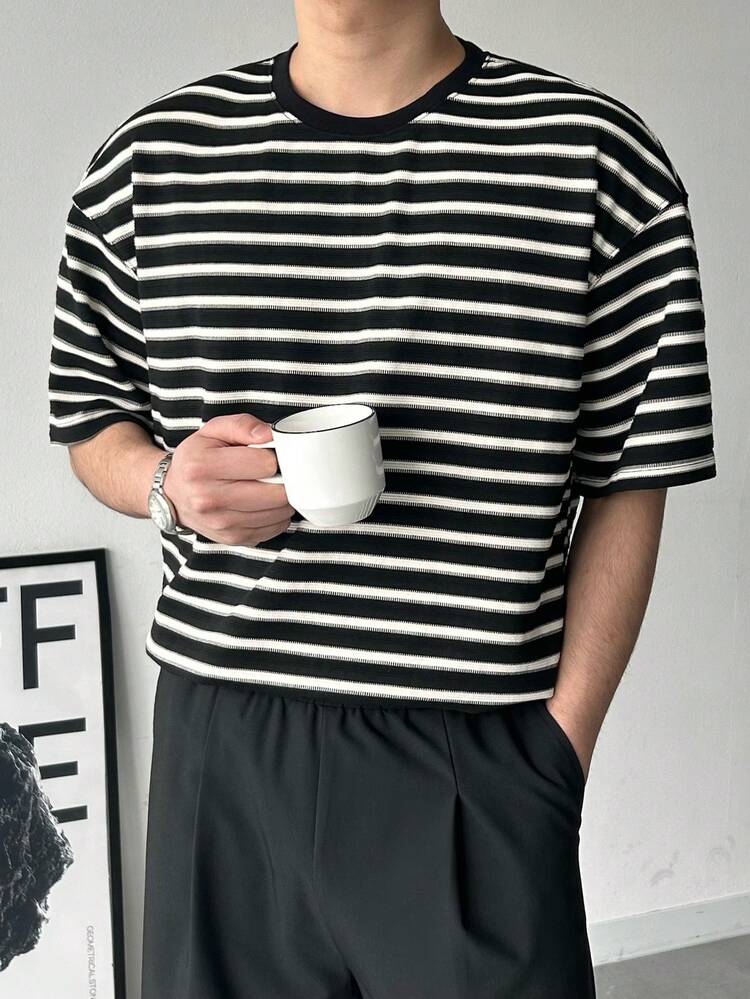 Men's Striped Crew Neck Short Sleeve Casual T-Shirt, Versatile For Summer