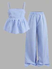 SHEIN 少女条纹荷叶边吊带背心和阔腿裤休闲日常套装 - 藍色 - 查看 2