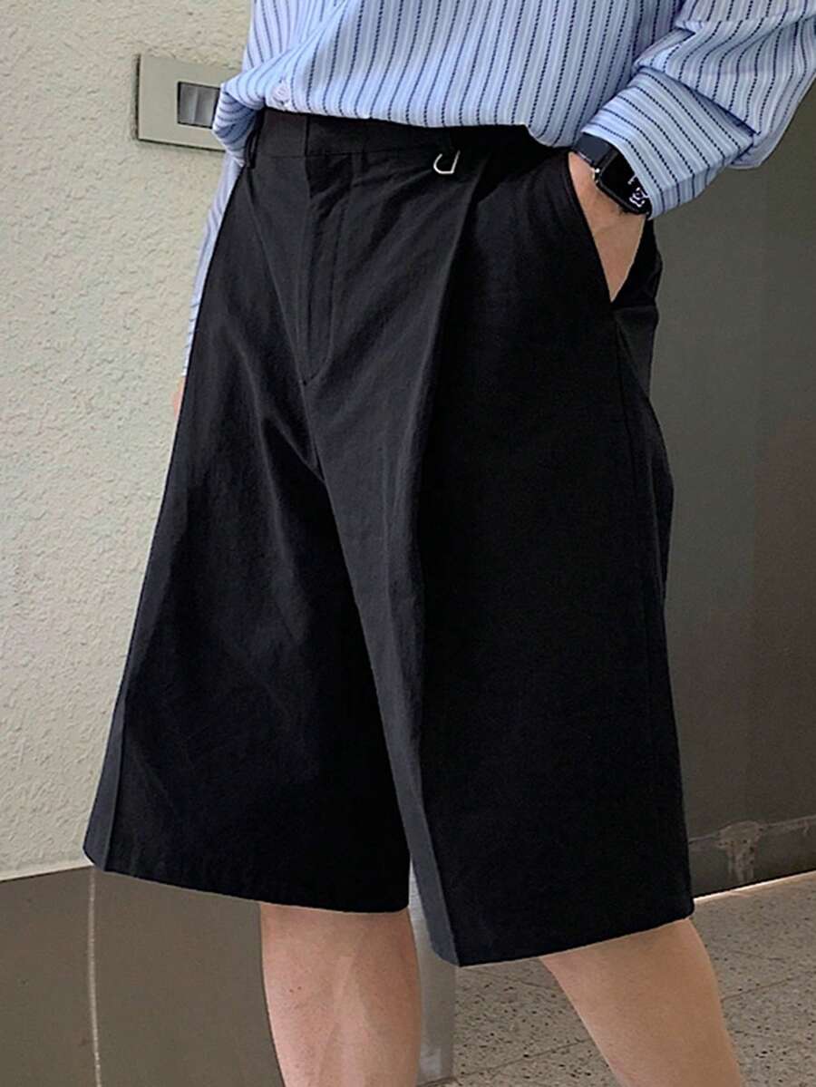 DAZY 男士常规褶裥设计通勤黑色短裤，夏季 - 黑色 - 查看 1
