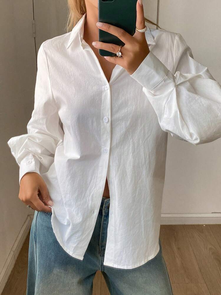 Women's Solid Color Loose Turndown Collar Lantern Sleeve Elegant Formal Blouse, Spring/Autumn