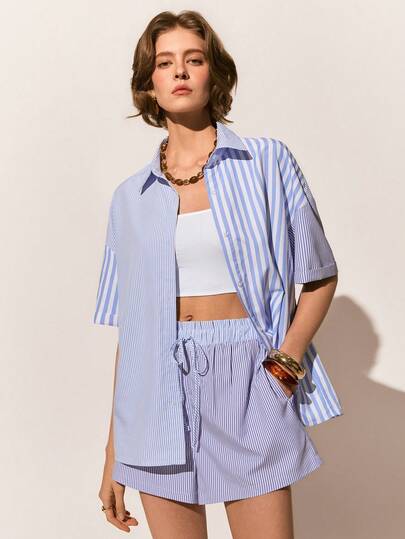 Poéselle Quần short nữ mùa hè thoải mái, kẻ sọc xanh trắng, thắt eo, dáng rộng, có túi, phối màu, thích hợp cho kỳ nghỉ hè và đi làm, bộ đồ 2 mảnh, bộ đồ nữ mùa hè, áo sơ mi nữ mùa hè, áo croptop cài nút.