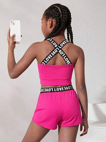 少女时尚休闲简约针织紫红色和金属粉色拼接字母织带吊带背心和短裤运动套装