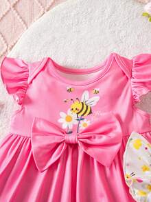 SHEIN 2pcs Newborn Baby Girl Cute Cartoon Pattern Bow Tie Ruffle Sleeve Knit Dress, Pink - Pink - View 5