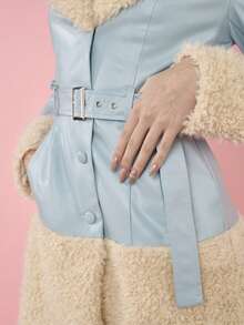 OverBlushhh 女士蓝色仿皮修身外套，系带仿毛皮，Y2K风格，可爱，性感，外套，日常穿着，派对，生日，情人节 - 藍色 - 查看 5