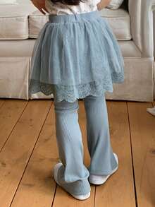 DAZY Young Girl Elastic Waist Mesh Patchwork Ruffle Hem 2 In 1 Pants - Blue - View 1