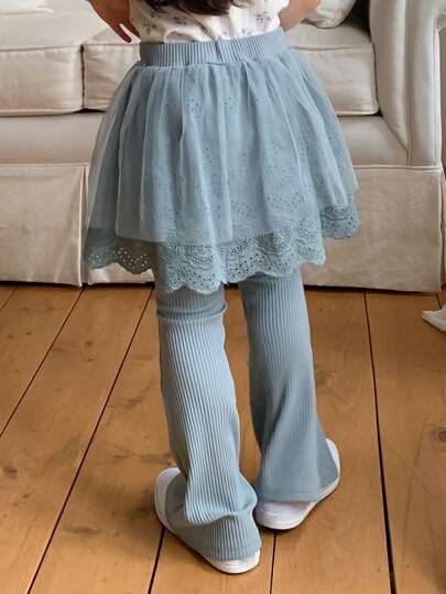 DAZY 女童弹力腰网纱拼接荷叶边下摆二合一裤子