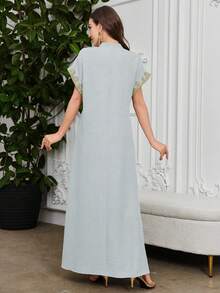 Al Najma Embroidered Collar Floral Raglan Sleeve Stand Collar Elegant Dress - Blue - View 2