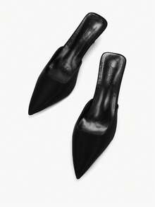 2025秋冬新款女士尖头布面高跟鞋，优雅黑色高跟鞋，时尚百搭细高跟穆勒鞋，舒适拖鞋，猫跟，优雅 - 黑色 - 查看 12