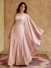 ZEYLAH Women's Elegant Embroidered Detail Loose Shoulder Arabic Dress, Autumn - Pink - View 1