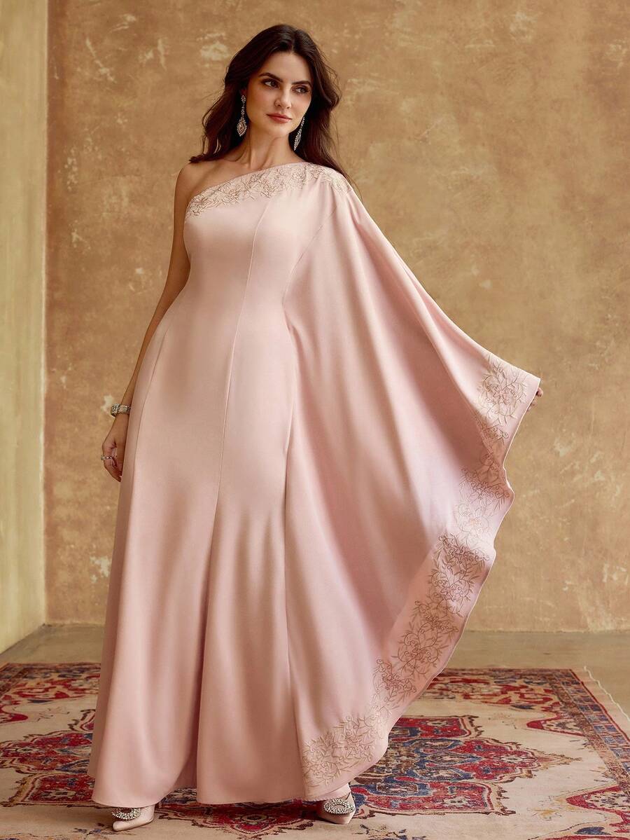 ZEYLAH Women's Elegant Embroidered Detail Loose Shoulder Arabic Dress, Autumn - Pink - View 1