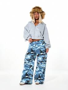 SUMWON WOMEN Textured Blue Camouflage Wide Leg Cargo Pants For Women High Waisted Military Print Baggy Trousers Streetwear Casual Bottoms - Blue - View 3