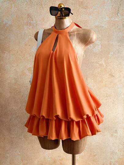 Mistrie 女士纯色露背镂空优雅无袖连衣裙