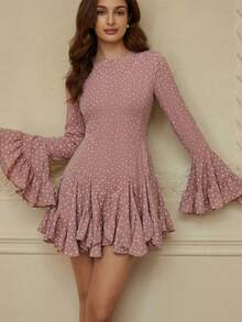 Aveloria Rosie Đầm dài tay xếp tầng họa tiết chấm bi màu nước thời trang, kiểu dáng châu Âu, thích hợp cho mùa thu/đông. - Hồng - Xem 1