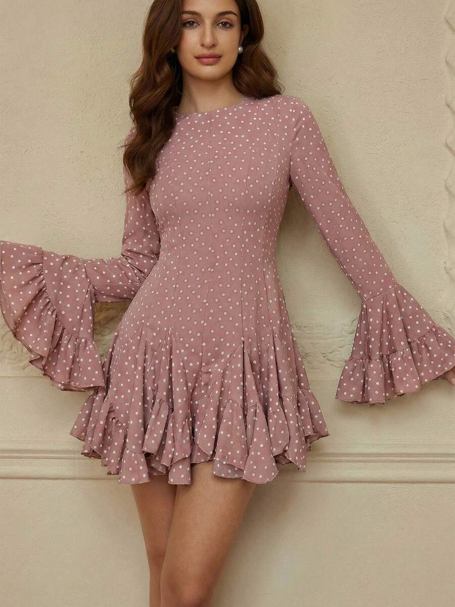 Aveloria Rosie Đầm dài tay xếp tầng họa tiết chấm bi màu nước thời trang, kiểu dáng châu Âu, thích hợp cho mùa thu/đông. - Hồng - Xem 1