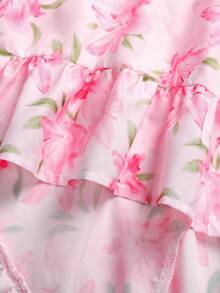 SHEIN Vestido de gasa con estampado floral, cuello redondo, tirantes finos, dobladillo asimétrico, para niñas, color rosa - Rosa - Ver 4